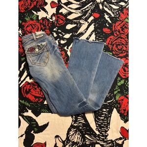 J&Company Womens 25 Distressed Embroidered Flare Jeans Low Rise Y2K Light Wash